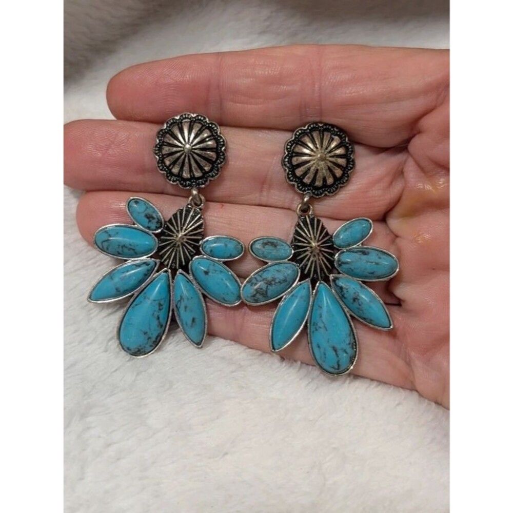 Western Concho Faux Turquoise Dangle Earrings Southwestern Sunburst Chandelier